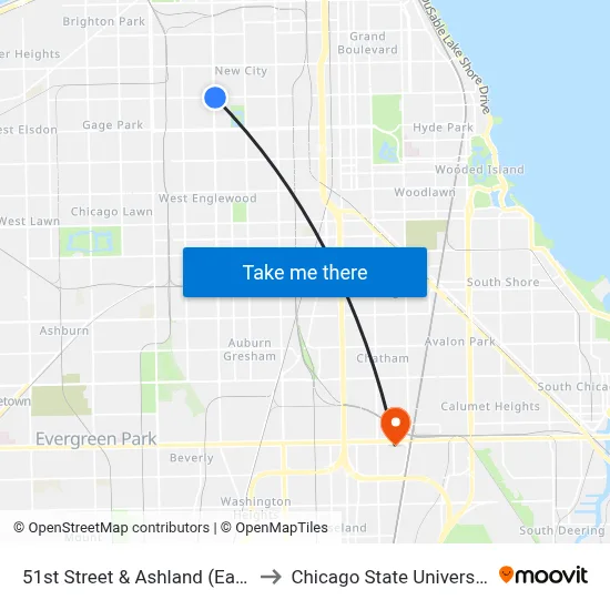 51st Street & Ashland (East) to Chicago State University map