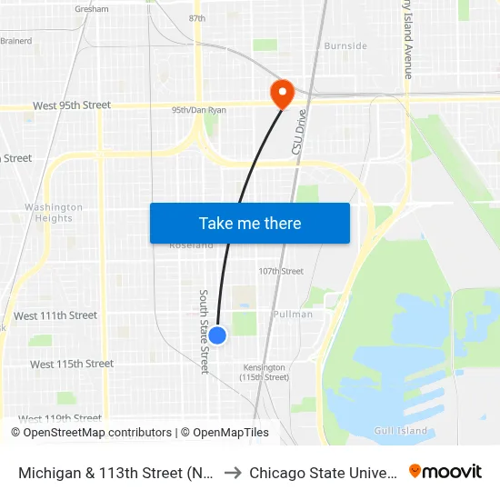 Michigan & 113th Street (North) to Chicago State University map