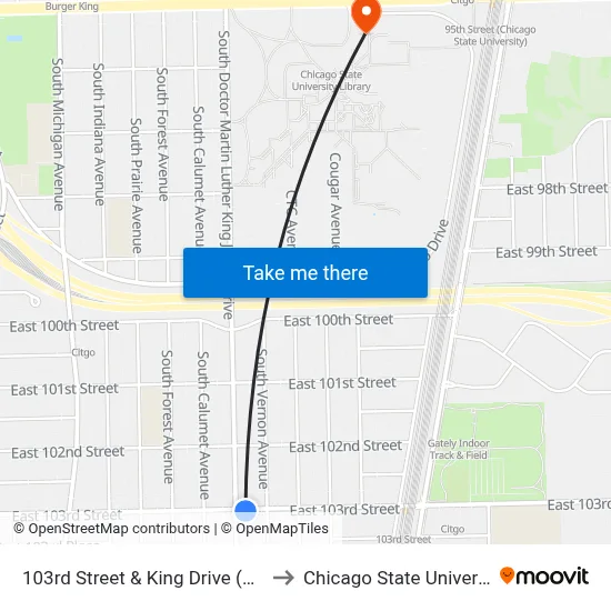 103rd Street & King Drive (East) to Chicago State University map
