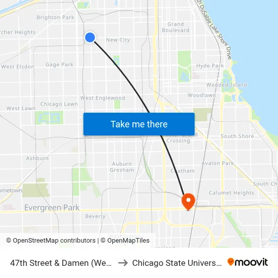 47th Street & Damen (West) to Chicago State University map