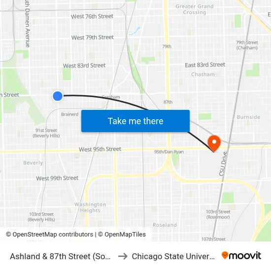 Ashland & 87th Street (South) to Chicago State University map
