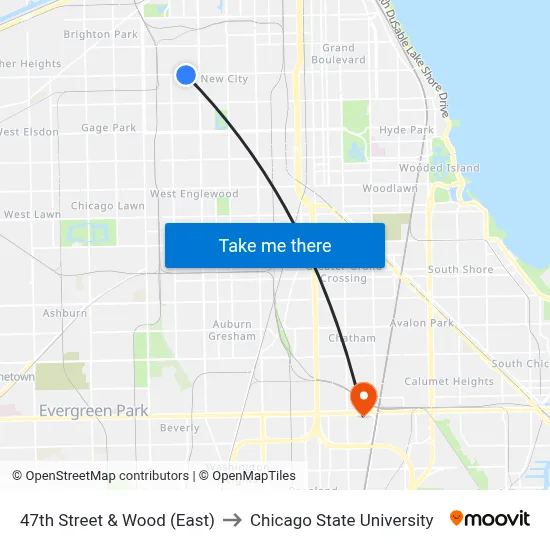 47th Street & Wood (East) to Chicago State University map