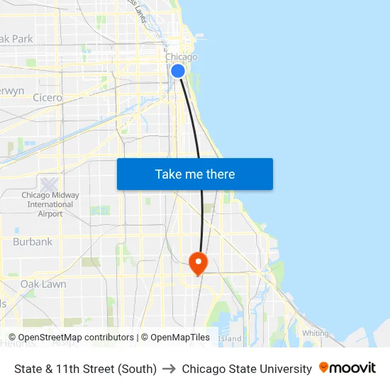 State & 11th Street (South) to Chicago State University map