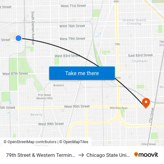 79th Street & Western Terminal (East) to Chicago State University map