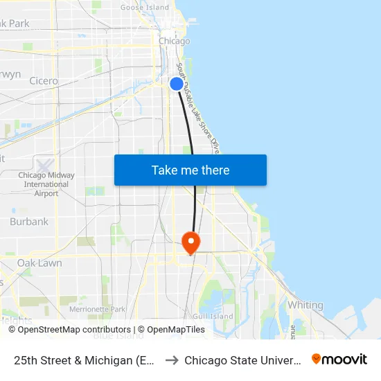 25th Street & Michigan (East) to Chicago State University map