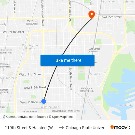 119th Street & Halsted (West) to Chicago State University map