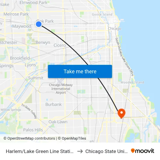 Harlem/Lake Green Line Station (West) to Chicago State University map
