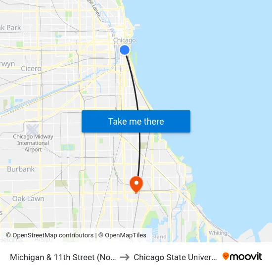 Michigan & 11th Street (North) to Chicago State University map
