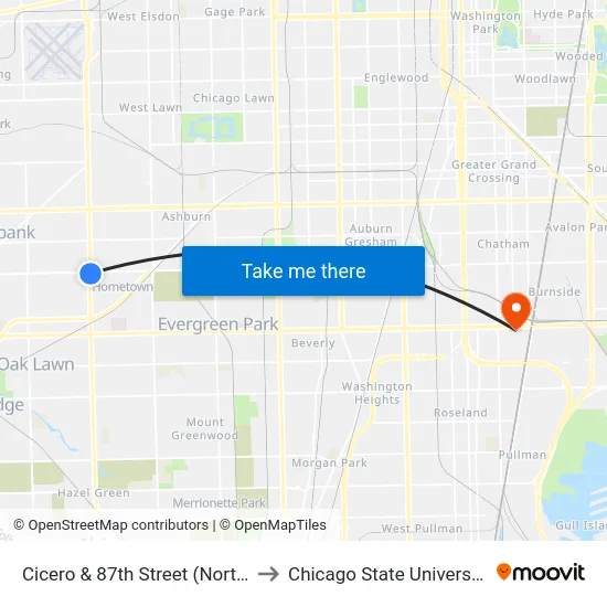 Cicero & 87th Street (North) to Chicago State University map