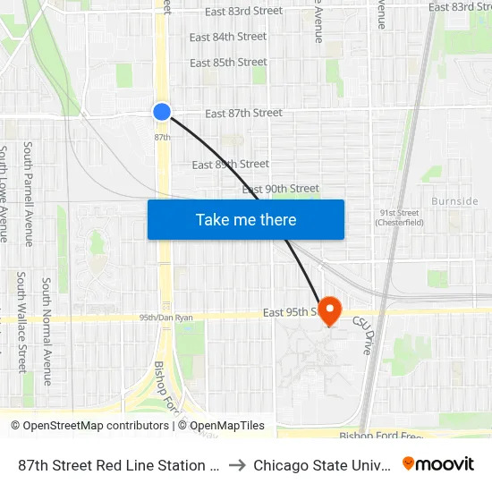 87th Street Red Line Station (West) to Chicago State University map