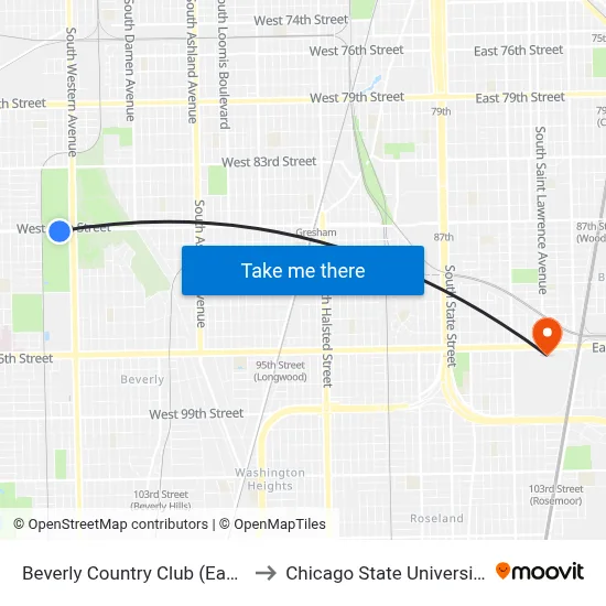 Beverly Country Club (East) to Chicago State University map
