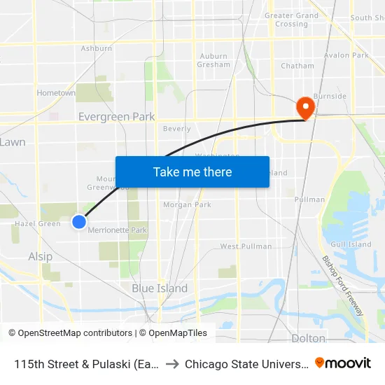 115th Street & Pulaski (East) to Chicago State University map