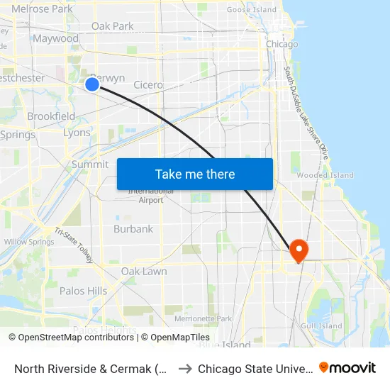 North Riverside & Cermak (North) to Chicago State University map