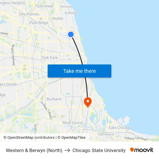 Western & Berwyn (North) to Chicago State University map