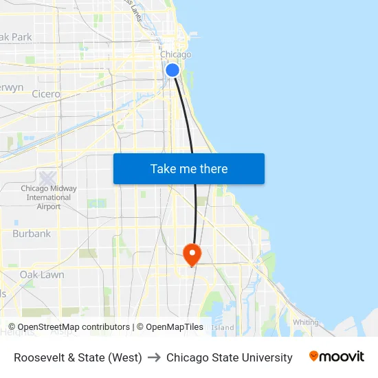 Roosevelt & State (West) to Chicago State University map