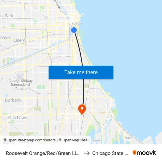 Roosevelt Orange/Red/Green Line Station (West) to Chicago State University map