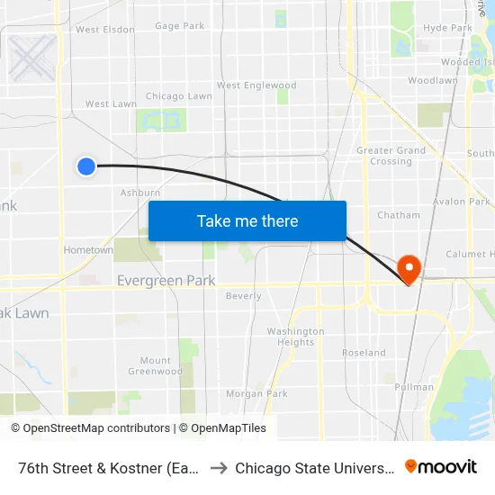76th Street & Kostner (East) to Chicago State University map
