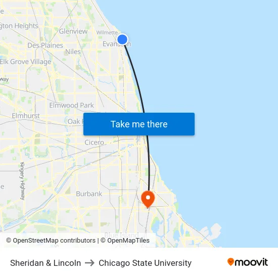 Sheridan & Lincoln to Chicago State University map