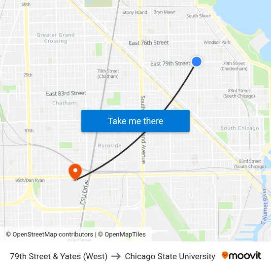 79th Street & Yates (West) to Chicago State University map