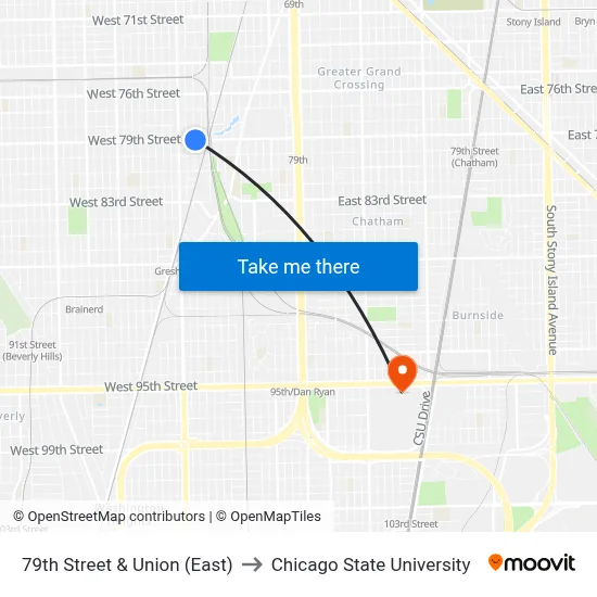79th Street & Union (East) to Chicago State University map