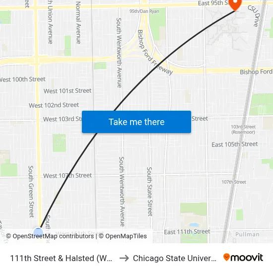 111th Street & Halsted (West) to Chicago State University map