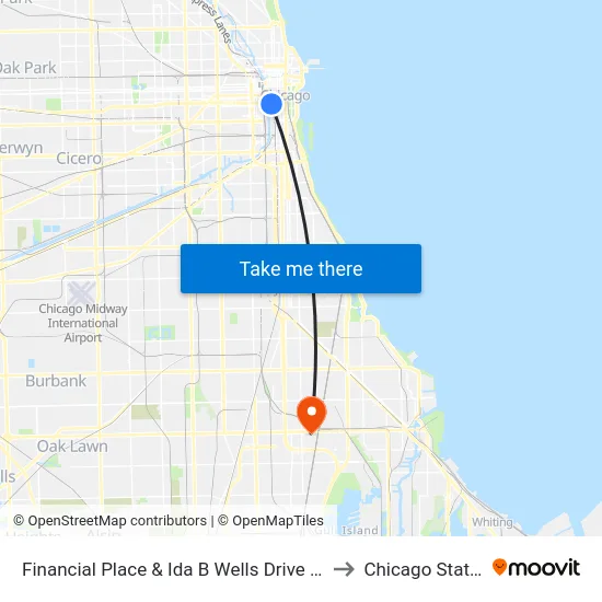 Financial Place & Ida B Wells Drive (Lasalle St Station) (North) to Chicago State University map