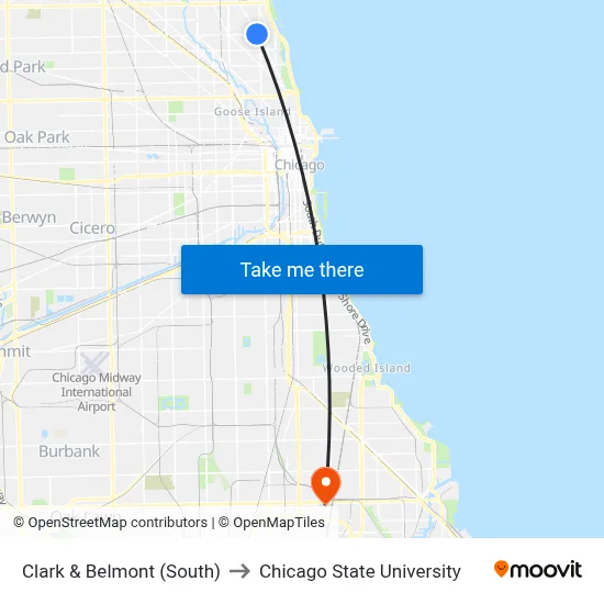Clark & Belmont (South) to Chicago State University map