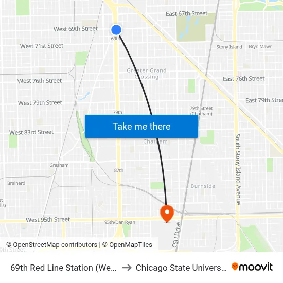 69th Red Line Station (West) to Chicago State University map