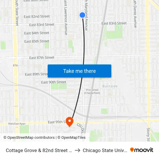 Cottage Grove & 82nd Street (North) to Chicago State University map