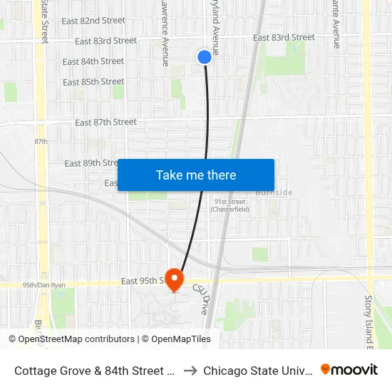 Cottage Grove & 84th Street (South) to Chicago State University map