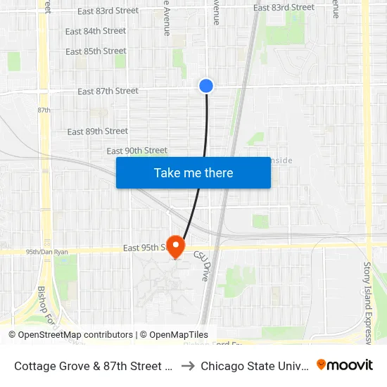 Cottage Grove & 87th Street (South) to Chicago State University map