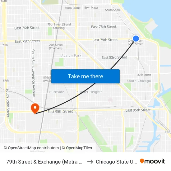 79th Street & Exchange (Metra Station) (West) to Chicago State University map