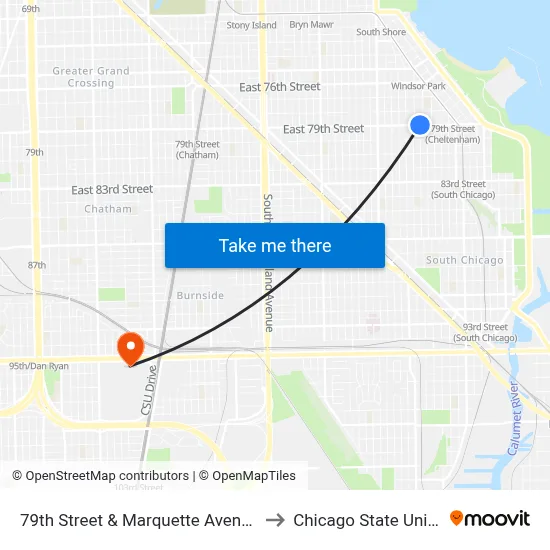 79th Street & Marquette Avenue (West) to Chicago State University map