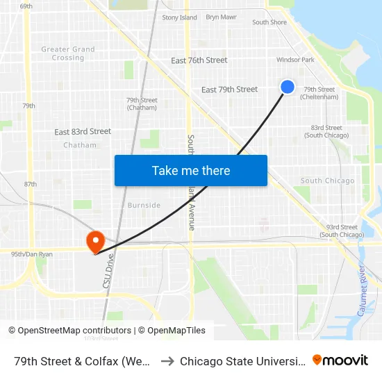 79th Street & Colfax (West) to Chicago State University map
