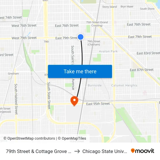 79th Street & Cottage Grove (West) to Chicago State University map