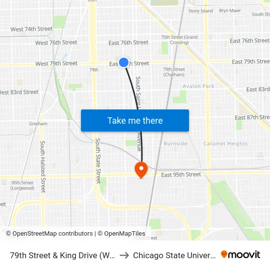 79th Street & King Drive (West) to Chicago State University map