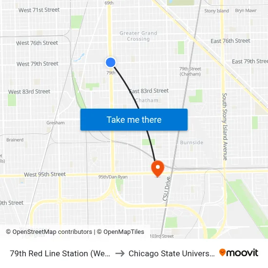 79th Red Line Station (West) to Chicago State University map