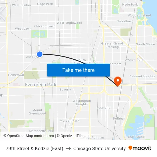 79th Street & Kedzie (East) to Chicago State University map