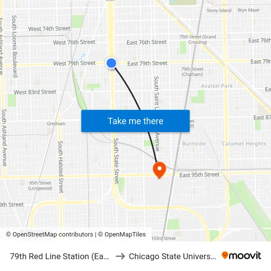 79th Red Line Station (East) to Chicago State University map
