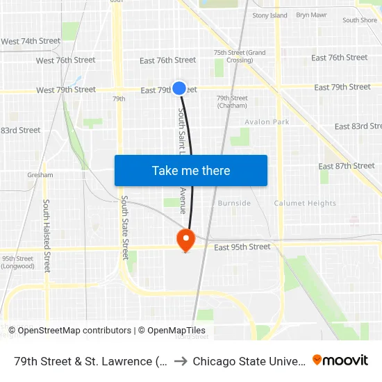 79th Street & St. Lawrence (East) to Chicago State University map