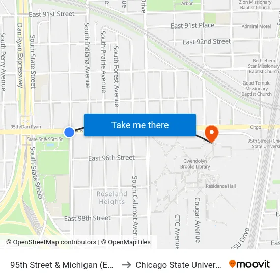 95th Street & Michigan (East) to Chicago State University map
