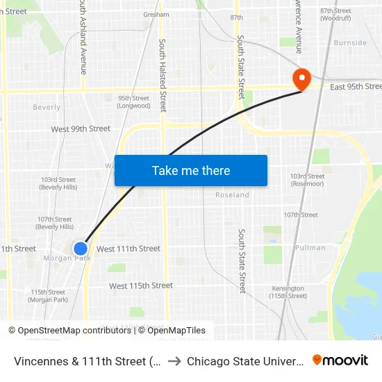 Vincennes & 111th Street (Ne) to Chicago State University map