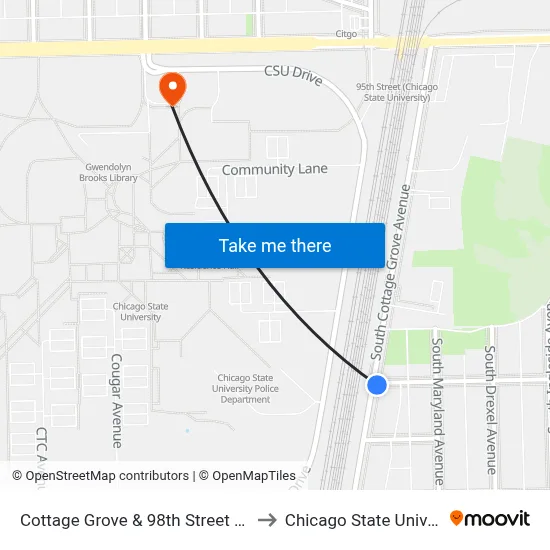 Cottage Grove & 98th Street (North) to Chicago State University map