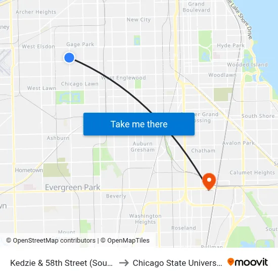 Kedzie & 58th Street (South) to Chicago State University map