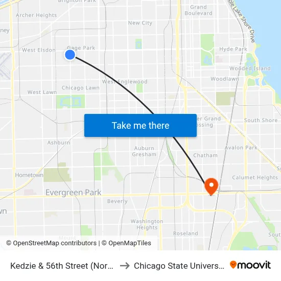 Kedzie & 56th Street (North) to Chicago State University map