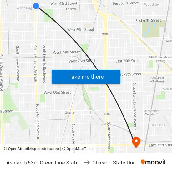 Ashland/63rd Green Line Station (West) to Chicago State University map