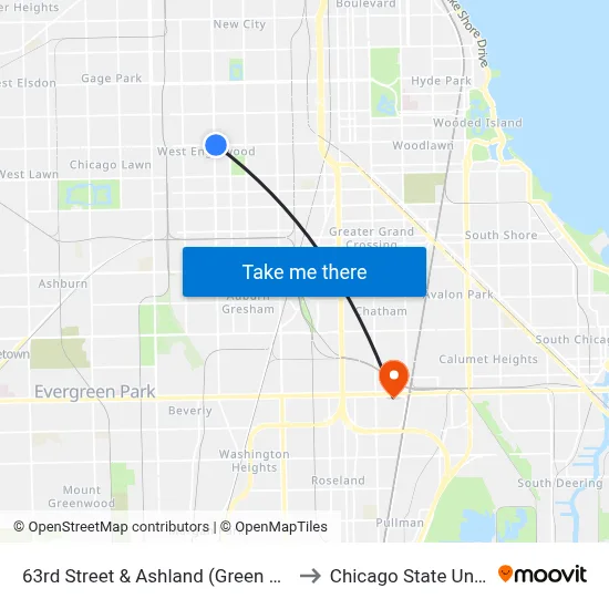 63rd Street & Ashland (Green Line) (East) to Chicago State University map