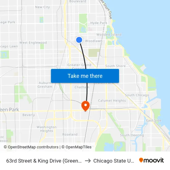 63rd Street & King Drive (Green Line) (East) to Chicago State University map