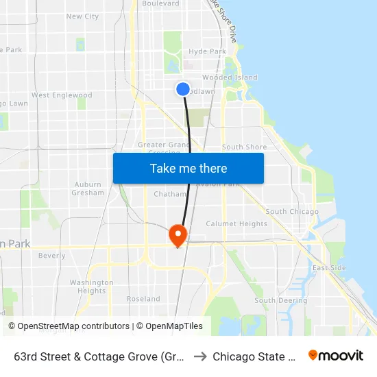 63rd Street & Cottage Grove (Green Line) (East) to Chicago State University map