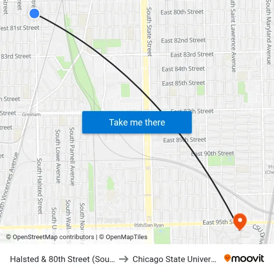 Halsted & 80th Street (South) to Chicago State University map